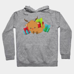 Christmas Reindeer, Red Nose, Gifts, Presents Hoodie